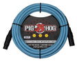 The image shows a 15-foot light blue Pig Hog HEX series professional microphone cable with black XLR connectors on both ends. It features the Pig Hog logo with a red cartoon pig, hexagonal pattern packaging, and is marketed "For the Road" with a lifetime guarantee. The coiled cable is designed for professional audio use, connecting microphones to mixers and audio equipment, emphasizing durability for live and studio settings.