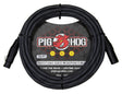 The image shows a coiled 15-foot Pig Hog Professional Series XLR microphone cable with male and female connectors. It features a black cable with the Pig Hog red pig logo, yellow "HEX" series lettering, and marketing tags "Built for the Road" and "Lifetime Guarantee." This durable cable is designed for professional audio use in music production and live sound.
