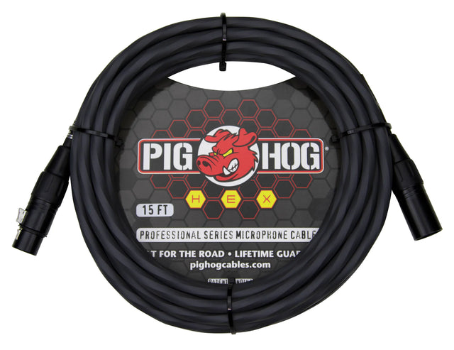 The image shows a coiled 15-foot Pig Hog Professional Series XLR microphone cable with male and female connectors. It features a black cable with the Pig Hog red pig logo, yellow "HEX" series lettering, and marketing tags "Built for the Road" and "Lifetime Guarantee." This durable cable is designed for professional audio use in music production and live sound.