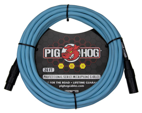 The image shows a 20-foot Pig Hog Professional Series XLR microphone cable with black connectors and a light blue/turquoise cable. The packaging features the Pig Hog logo with a red cartoon hog and highlights its durability for "the road" with a lifetime guarantee. This high-quality cable is designed for professional music use, connecting microphones to audio equipment for live or studio settings.