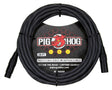 The image shows a Pig Hog Professional Series 20-foot black XLR microphone cable with connectors at both ends. The packaging displays the Pig Hog logo featuring a red pig mascot and hexagonal pattern. Labeled "built for the road" with a lifetime guarantee, this cable is designed for professional audio use in studios and live sound setups.