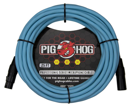 The image shows a Pig Hog Professional Series 25-foot XLR microphone cable with a light blue/teal jacket, coiled and secured with black ties. Both ends have black XLR connectors. The packaging displays the Pig Hog logo with a red pig mascot and labels it as "Professional Series," "built for the road," with a lifetime guarantee and the website pighogcables.com. This cable connects microphones to audio gear for professional use.
