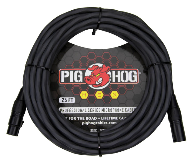 The image shows a Pig Hog Professional Series 25-foot XLR microphone cable with black connectors and sheathing. The packaging features the Pig Hog logo with a red pig mascot and a hexagonal "HEX" design in yellow. It includes 3-pin male and female XLR connectors and is labeled "FOR THE ROAD" with a "LIFETIME GUARANTEE," signifying durability for professional audio use.