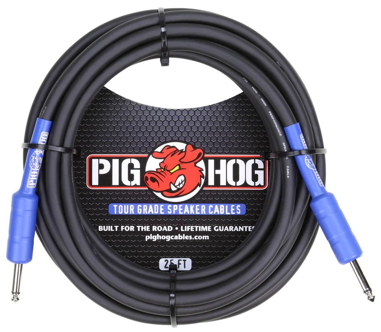 The image shows a 25-foot Pig Hog speaker cable with blue 1/4" phone plug connectors. It is a tour-grade, heavy-duty cable designed for professional live audio use, featuring durable black cabling and the Pig Hog red pig logo. Built for road reliability and backed by a lifetime guarantee, it connects guitar amps or PA systems to speakers, handling high power loads essential for live performance.