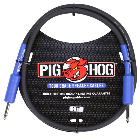 The image shows a Pig Hog 3-foot speaker cable with black cable and blue 1/4" phone plug connectors on both ends. Labeled "Tour Grade," it’s built for professional use and backed by a lifetime guarantee. Featuring the Pig Hog red pig logo, this cable is ideal for connecting instruments like guitars or keyboards to amps or pedalboards, designed to withstand the demands of live performance and frequent use.