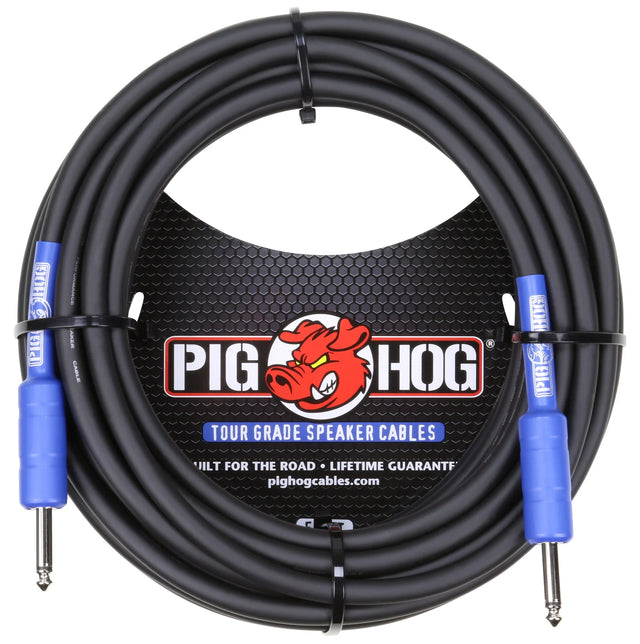 The image shows a Pig Hog Tour Grade Speaker Cable, a black coiled audio cable with blue 1/4" phone plug connectors. The packaging features the Pig Hog logo with a red pig mascot, highlights "Built for the Road" and a "Lifetime Guarantee." Designed for professional use, it connects guitar amps to speaker cabinets and is built for durability in live and studio settings.