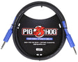 The image shows a Pig Hog tour-grade speaker cable with a 5-foot length and 1/4" blue phone plug connectors. Featuring a durable black jacket and the brand's red pig mascot, it’s built for professional use with a lifetime guarantee. This cable connects amplifiers to speaker cabinets, handling high power loads essential for guitar and bass rigs in live and touring environments.