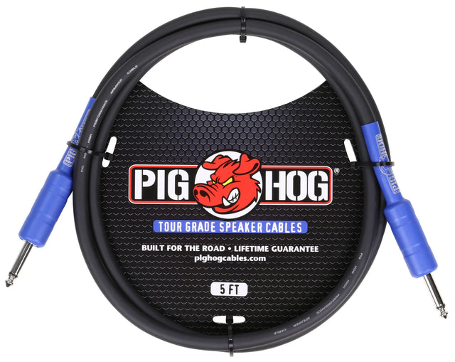 The image shows a Pig Hog tour-grade speaker cable with a 5-foot length and 1/4" blue phone plug connectors. Featuring a durable black jacket and the brand's red pig mascot, it’s built for professional use with a lifetime guarantee. This cable connects amplifiers to speaker cabinets, handling high power loads essential for guitar and bass rigs in live and touring environments.