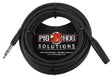 The image shows a professional black audio cable from Pig Hog Solutions, featuring a visible 1/4" TRS connector and a partially visible second connector, likely an XLR. Designed for musicians and audio professionals, this durable cable connects instruments, microphones, and studio gear. It is labeled "Built for the Road" with a "Lifetime Guarantee," highlighting its reliability for live performance and studio use.