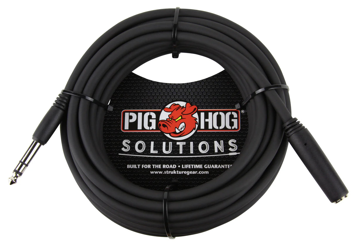The image shows a professional black audio cable from Pig Hog Solutions, featuring a visible 1/4" TRS connector and a partially visible second connector, likely an XLR. Designed for musicians and audio professionals, this durable cable connects instruments, microphones, and studio gear. It is labeled "Built for the Road" with a "Lifetime Guarantee," highlighting its reliability for live performance and studio use.