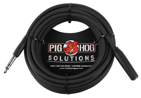 The image shows a professional black audio cable from Pig Hog Solutions, featuring a visible 1/4" TRS connector and a partially visible second connector, likely an XLR. Designed for musicians and audio professionals, this durable cable connects instruments, microphones, and studio gear. It is labeled "Built for the Road" with a "Lifetime Guarantee," highlighting its reliability for live performance and studio use.