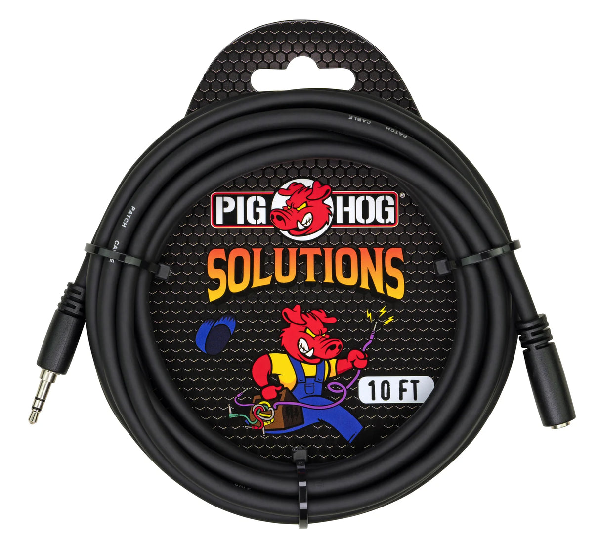 The image shows a Pig Hog 10-foot stereo auxiliary audio cable with 3.5mm connectors on both ends. The black cable is coiled on retail packaging featuring the Pig Hog red pig logo, "SOLUTIONS" text, and a hexagonal mesh background. This professional-grade cable is commonly used to connect devices like smartphones or tablets to audio equipment in music production, live performance, or practice settings.