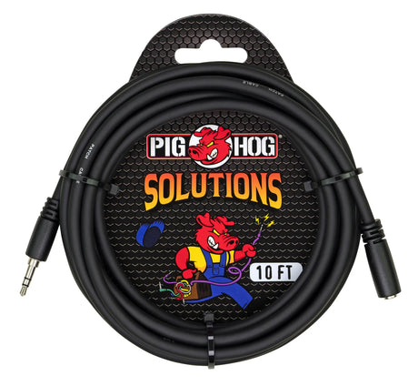 The image shows a Pig Hog 10-foot stereo auxiliary audio cable with 3.5mm connectors on both ends. The black cable is coiled on retail packaging featuring the Pig Hog red pig logo, "SOLUTIONS" text, and a hexagonal mesh background. This professional-grade cable is commonly used to connect devices like smartphones or tablets to audio equipment in music production, live performance, or practice settings.