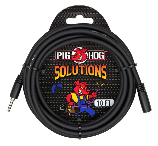 The image shows a Pig Hog 10-foot stereo auxiliary audio cable with 3.5mm connectors on both ends. The black cable is coiled on retail packaging featuring the Pig Hog red pig logo, "SOLUTIONS" text, and a hexagonal mesh background. This professional-grade cable is commonly used to connect devices like smartphones or tablets to audio equipment in music production, live performance, or practice settings.