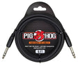 The image shows a Pig Hog 6-foot Tour Grade TRS audio cable with black 1/4" stereo/balanced connectors and a black cable. It features the red pig mascot logo and packaging with a hexagonal mesh design. Labeled "Built for the road" with a lifetime guarantee, it’s designed for durable, professional use in connecting instruments, mixers, and effects pedals.