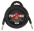 The image shows a Pig Hog Tour Grade 10-foot TRS audio cable with two 1/4-inch metal housing connectors. It features a black, heavy-duty design and the Pig Hog logo with a red pig mascot. The packaging highlights its rugged, road-ready build, lifetime guarantee, and professional tour-grade quality, ideal for balanced audio connections in live performance and studio settings.