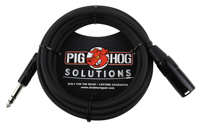 The image shows a black professional audio cable from Pig Hog Solutions with a 1/4" TRS connector on one end and an XLR connector on the other. It features the Pig Hog red pig logo and "SOLUTIONS" text. Labeled "Built for the Road" with a lifetime guarantee, this durable cable is used for connecting instruments, microphones, and audio gear. The packaging displays www.strukturegear.com, indicating it’s part of their professional audio lineup.