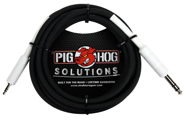 The image shows a black musical instrument cable from Pig Hog Solutions with white 1/4" connector ends, partially obscured by its coil. It features a circular Pig Hog label with a red pig mascot, the "Solutions" line name, the tagline "Built for the Road • Lifetime Guarantee," and the website www.strukturegear.com. This cable is used for connecting instruments to amplifiers and audio gear.
