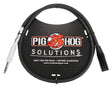 The image shows a Pig Hog Solutions black 1/4" TS instrument cable with one straight and one right-angle plug in white and black housings. The coiled cable is displayed with Pig Hog branding featuring a red pig logo. Marketed as "Built for the Road" with a lifetime guarantee, it’s designed for professional musicians to connect guitars, basses, pedals, and audio gear, offering durability and strain relief.
