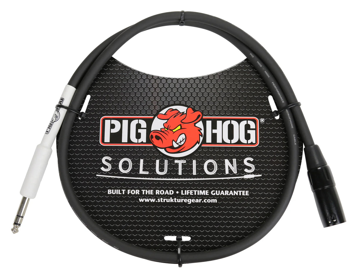 The image shows a Pig Hog Solutions black 1/4" TS instrument cable with one straight and one right-angle plug in white and black housings. The coiled cable is displayed with Pig Hog branding featuring a red pig logo. Marketed as "Built for the Road" with a lifetime guarantee, it’s designed for professional musicians to connect guitars, basses, pedals, and audio gear, offering durability and strain relief.