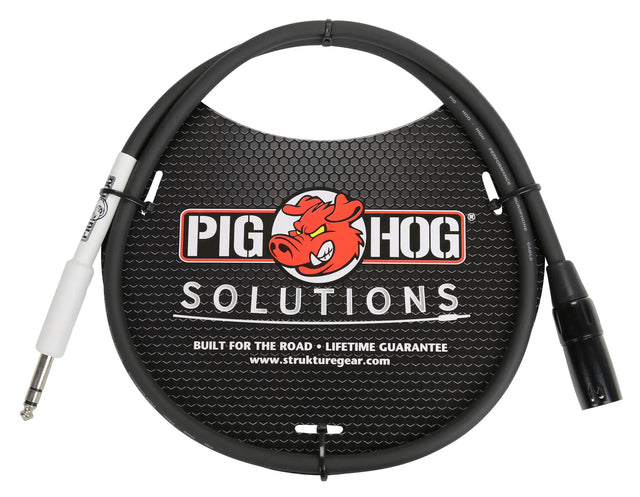 The image shows a Pig Hog Solutions black 1/4" TS instrument cable with one straight and one right-angle plug in white and black housings. The coiled cable is displayed with Pig Hog branding featuring a red pig logo. Marketed as "Built for the Road" with a lifetime guarantee, it’s designed for professional musicians to connect guitars, basses, pedals, and audio gear, offering durability and strain relief.
