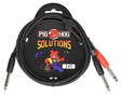 The image shows a Pig Hog brand 3-foot black audio cable with 1/4" connectors on both ends, used for electric instruments. The cable is in Pig Hog packaging featuring a black hexagonal mesh background, the "PIG HOG" brand name, "SOLUTIONS" in orange, and a red pig mascot holding audio gear. One connector has a red accent. This instrument cable connects guitars and other electric instruments to amplifiers and audio equipment.