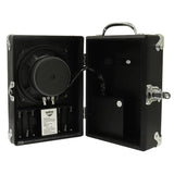 The image shows a portable DJ turntable inside a black briefcase-style carrying case. It features a black vinyl platter on the left, a tonearm, and a black foam-padded interior. The case has chrome hardware, including hinges, latches, and a handle. A product label is visible in the lower left. Designed for easy transport, this durable turntable system is ideal for DJs and music enthusiasts on the go.