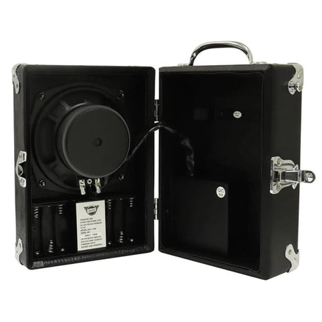 The image shows a portable DJ turntable inside a black briefcase-style carrying case. It features a black vinyl platter on the left, a tonearm, and a black foam-padded interior. The case has chrome hardware, including hinges, latches, and a handle. A product label is visible in the lower left. Designed for easy transport, this durable turntable system is ideal for DJs and music enthusiasts on the go.