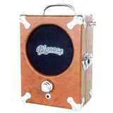 The image shows a Pignose portable guitar amplifier with a compact, vintage-style wooden body, metal corner protectors, a dark speaker grille featuring the white "Pignose" logo, a single control knob, a small input jack, and a carrying handle. Known for its portable, battery-powered design since the 1970s, it delivers surprisingly full, tube-like sound despite its small size.