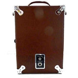 The image shows a vintage-style guitar amplifier head with a rich brown exterior, chrome corner protectors, metal hardware, and a leather carrying handle. It features side latches, a front panel with a "PHASE OUT" control and audio jacks, and a rectangular, portable design typical of tube or solid-state amps. Its classic 1960s-70s look and durable build suggest professional use for electric guitars.