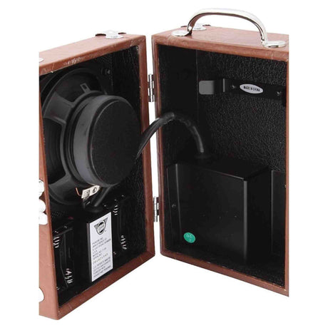 The image shows a portable guitar amplifier in a vintage-style brown leather briefcase with metal corner protectors and a handle. When opened, it reveals a speaker on the left, a control panel with volume and tone knobs on the right, black interior lining, and a "Made in China" label. This compact, travel-friendly amp combines retro design with modern portability, popular for practice and small performances.