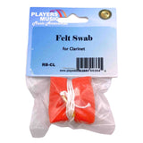 The image shows a clarinet cleaning accessory, a Players Music "Felt Swab for Clarinet" (product code RB-CL) in retail packaging. The package features a blue header card with the brand logo and tagline, and a clear plastic section revealing an orange/red felt swab with a white cord. This swab is designed to clean the clarinet’s interior by absorbing moisture and protecting the instrument from damage.