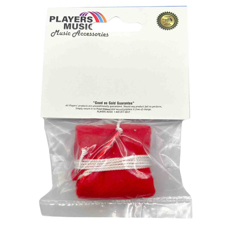 The image shows a red Players Music rosin block in clear plastic packaging with a header card. The packaging features the Players Music logo, a rainbow stripe design, and a gold seal. It includes a "Good as Gold Guarantee" with warranty details. Rosin is an essential accessory for bowed string instruments, used to create friction between the bow hair and strings.