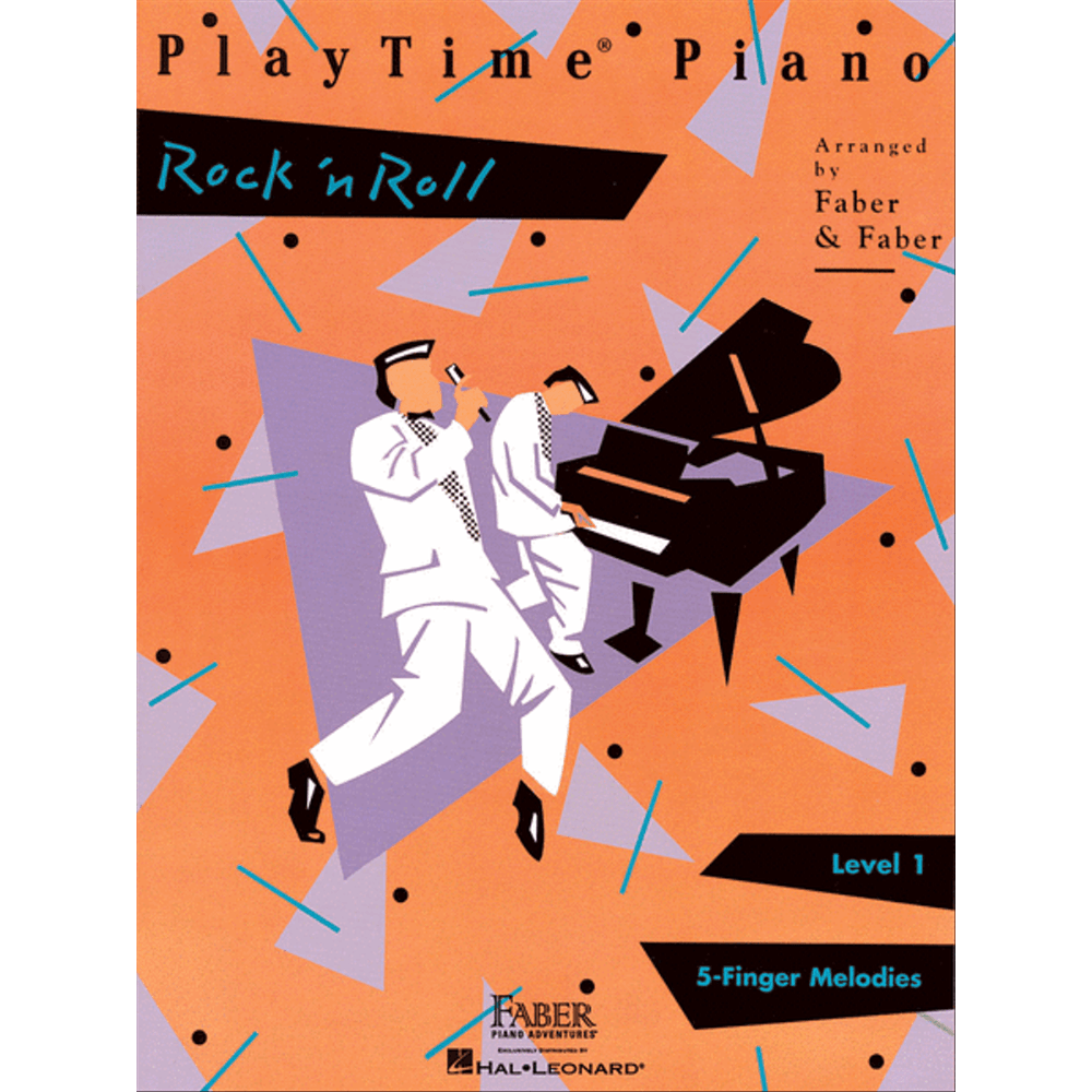 The image shows the cover of a Level 1 piano method book titled "PlayTime Piano Rock 'n Roll," arranged by Faber & Faber. It features a colorful illustration of two musicians in white suits playing a grand piano, set against a vibrant orange and purple geometric background. Published by Faber Piano Adventures and Hal Leonard, it focuses on "5-Finger Melodies" for beginning pianists, blending rock and roll with introductory piano lessons.
