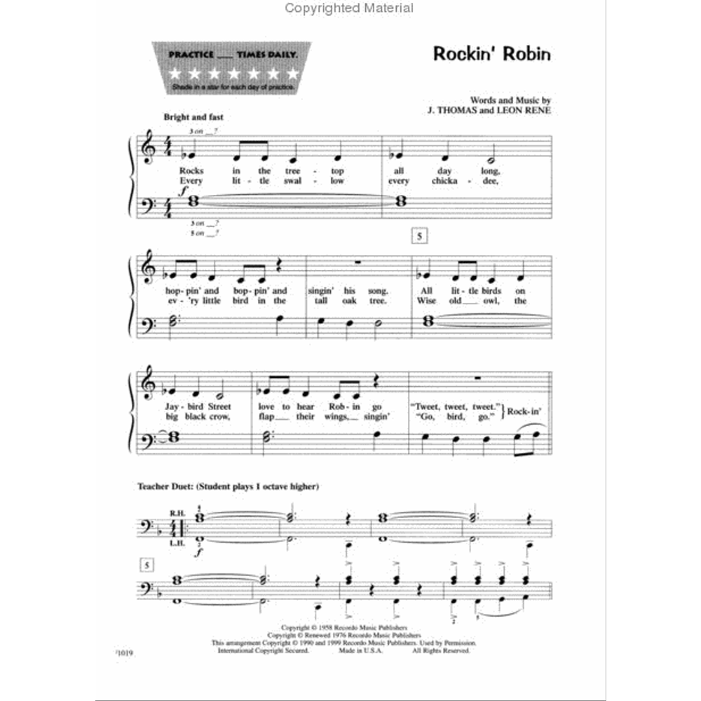The image shows sheet music for "Rockin' Robin," with words and music by J. Thomas and Leon René. It features treble and bass clefs, lyrics beneath the melody, a "Teacher Duet" section with right and left hand parts an octave higher, and a 4/4 time signature marked "Bright and fast." A practice chart is at the top, indicating it's from a piano method book for beginners. Published by Ricordi Music Publishers, page 1619.
