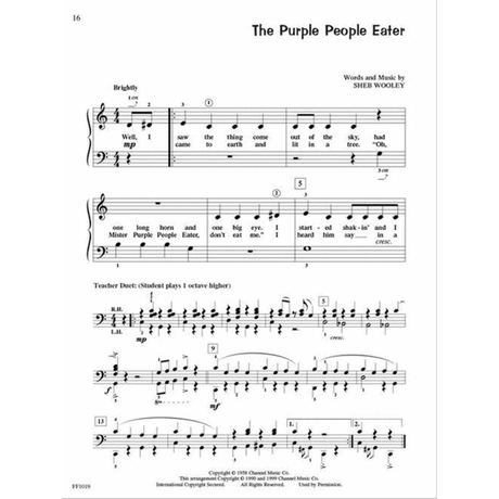 The image shows a page of sheet music for "The Purple People Eater" by Sheb Wooley, featuring a piano arrangement with melody and lyrics, including lines about a horn and eye. The bottom section has a teacher-student duet with a more complex bass part. Musical notations like tempo, dynamics, and measure numbers are present. Copyright by Chancel Music Co. suggests it’s from an educational piano method book.