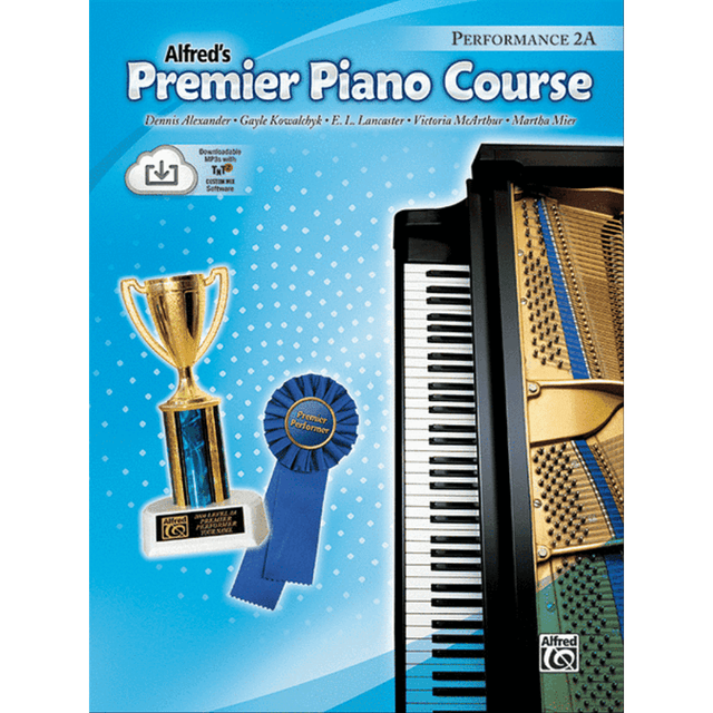 The image shows the cover of "Alfred's Premier Piano Course Performance 2A," a piano method book with a blue gradient background and white dots. It features the title, authors' names, a grand piano illustration, a golden trophy with a blue ribbon, the Alfred Music logo, and a download icon. This book is designed for intermediate piano students to develop performance skills at the 2A level.