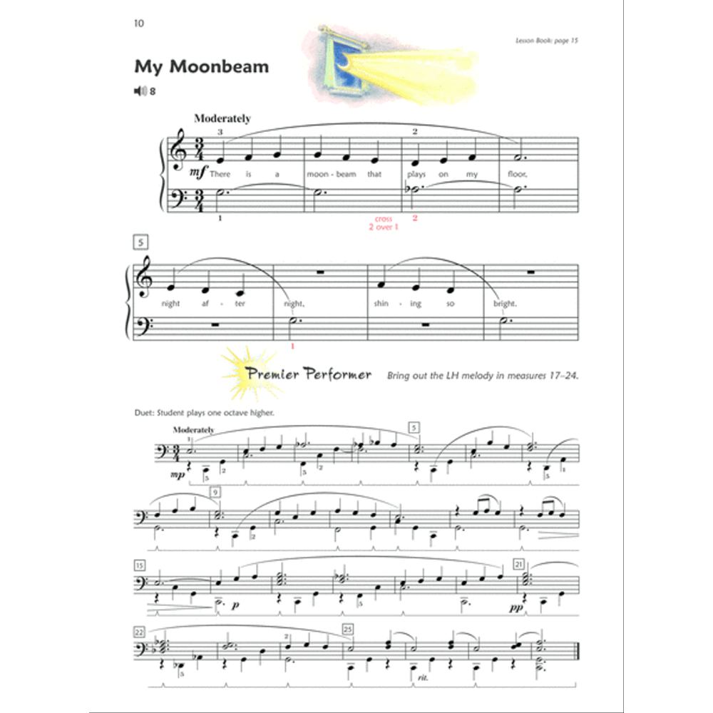 The image shows a page of piano sheet music titled "My Moonbeam," featuring a 3/4 time signature, moderately tempo, and a flat key signature. It includes treble and bass clefs, lyrics, dynamic marking mf, slurs, and various note values. The page has measure numbers, a duet section with octave directions, and a "Premier Performer" note highlighting the left-hand melody in measures 17-24, indicating it is from an instructional piano book.