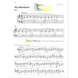 The image shows a page of piano sheet music titled "My Moonbeam," featuring a 3/4 time signature, moderately tempo, and a flat key signature. It includes treble and bass clefs, lyrics, dynamic marking mf, slurs, and various note values. The page has measure numbers, a duet section with octave directions, and a "Premier Performer" note highlighting the left-hand melody in measures 17-24, indicating it is from an instructional piano book.