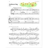 The image shows a page of piano sheet music titled "Sunflower Rag," in 4/4 time and marked "Happily, but not too fast." It features syncopated ragtime rhythms, dynamic markings, slurs, ties, and articulation. The page, numbered 18, includes a decorative sunflower, multiple systems with numbered measures, rehearsal letters, and a duet section with a note for the student to play one octave higher.