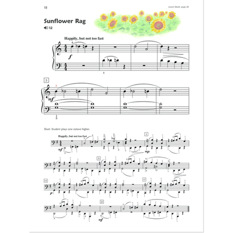 The image shows a page of piano sheet music titled "Sunflower Rag," in 4/4 time and marked "Happily, but not too fast." It features syncopated ragtime rhythms, dynamic markings, slurs, ties, and articulation. The page, numbered 18, includes a decorative sunflower, multiple systems with numbered measures, rehearsal letters, and a duet section with a note for the student to play one octave higher.