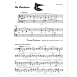 The image shows a page from a piano lesson book featuring the piece "My Moonbeam" (#10). It includes piano notation with treble and bass clefs, 3/4 time, tempo marked "Moderately," and lyrics beginning "There is a moon-beam that plays on my floor." The page has beginner-friendly arrangements, fingering, dynamic markings, measure numbers, and a "Premier Performer" duet section, designed to support developing pianists.