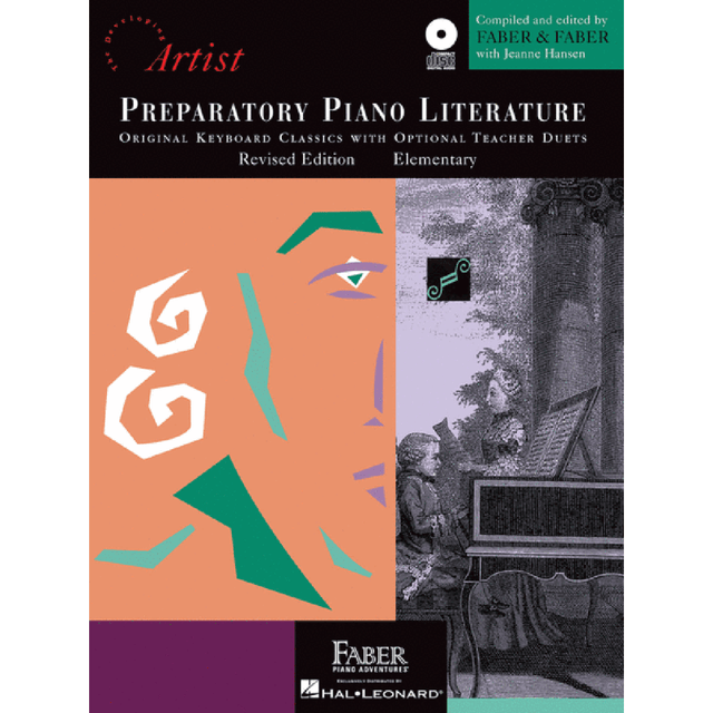 The image shows the cover of the "Preparatory Piano Literature" book from the Faber Piano Adventures series. It is an elementary-level, revised edition piano method book with original keyboard classics and optional teacher duets. Published by Hal Leonard, it features Faber branding, a colorful geometric design, a classical illustration, and includes a CD.