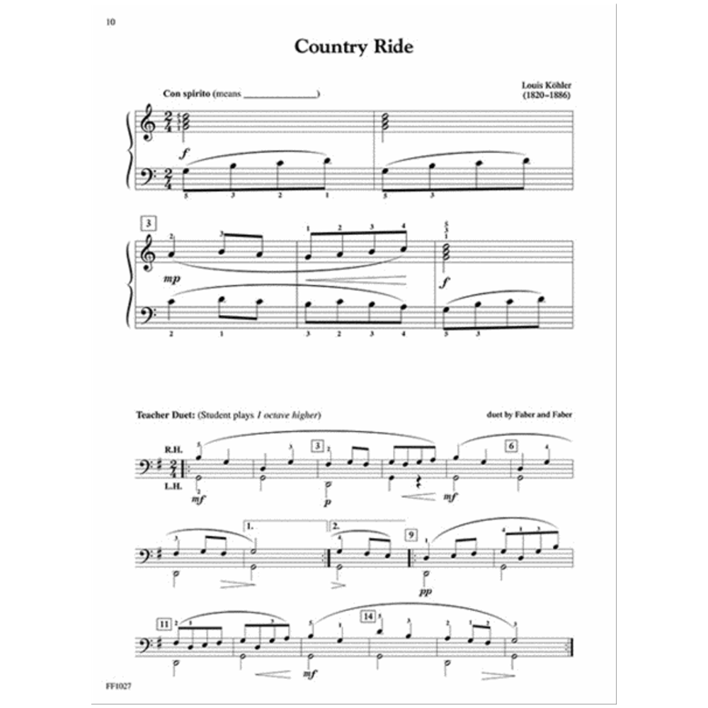 The image shows a page of piano sheet music titled "Country Ride" by Louis Köhler, in 2/4 time with tempo "Con spirito." It includes treble and bass clefs, dynamic markings (mp, f), fingering, and phrasing. A "Teacher Duet" section by Faber and Faber appears below, written in bass clef with dynamics (mf, p, pp) and instructions like "Student plays 1 octave higher," suggesting a piano method book for instruction.