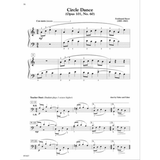 The image shows sheet music for piano featuring two pieces: "Circle Dance" (Op. 101, No. 60) by Ferdinand Beyer in 3/4 time with treble and bass clefs, fingering, phrasing, marked "Con moto" and "mf"; and "Teacher Duet" arranged by Faber and Faber with bass clef, dynamics ("p," "mp"), slurs, fingering, and a note that the student plays an octave higher. Both are from a beginner piano method book.