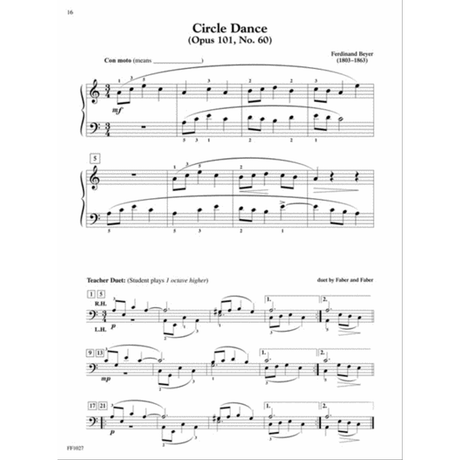 The image shows sheet music for piano featuring two pieces: "Circle Dance" (Op. 101, No. 60) by Ferdinand Beyer in 3/4 time with treble and bass clefs, fingering, phrasing, marked "Con moto" and "mf"; and "Teacher Duet" arranged by Faber and Faber with bass clef, dynamics ("p," "mp"), slurs, fingering, and a note that the student plays an octave higher. Both are from a beginner piano method book.