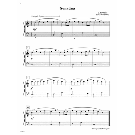 The image shows a page of piano sheet music titled "Sonatina" by C. H. Wilton (1761-Unknown). It features treble and bass clefs in 4/4 time with a "Moderate" tempo marking. The excerpt includes measures 1-16, dynamic markings (mf, p, f), slur phrases, and a note to transpose to G major. The page number IX and publisher code FF1027 are visible. The piece is beginner to intermediate level with a simple melodic line and harmonic accompaniment.