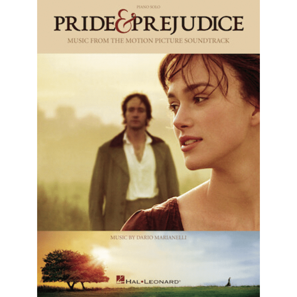 The image shows the cover of a piano solo songbook for "Pride & Prejudice," featuring sheet music from the film soundtrack composed by Dario Marianelli. Published by Hal Leonard, this printed sheet music allows pianists to perform and study the romantic, classical-style score arranged for solo piano, supporting music education and performance within the musical instrument industry.