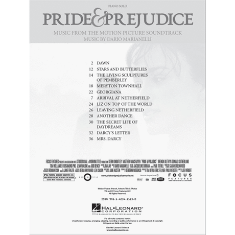 The image shows a piece of sheet music for piano solo from the "Pride & Prejudice" film soundtrack by Dario Marianelli, published by Hal Leonard Corporation. It features a table of contents listing tracks like "Dawn," "Liz on Top of the World," and "Darcy's Letter." This published book allows pianists to perform the film’s orchestral score arranged for solo piano. The Hal Leonard logo appears at the bottom.