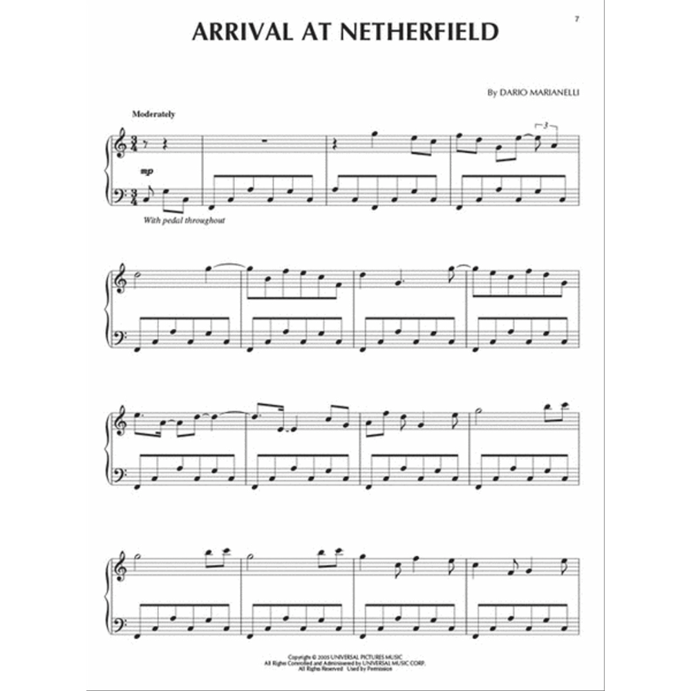 The image shows the first page of piano sheet music titled "ARRIVAL AT NETHERFIELD" by Dario Marianelli. It features the title, a "Moderately" tempo marking, a 3/4 time signature, and the instruction "With pedal throughout." The score includes treble and bass clefs across four systems, with copyright credited to Universal Music Corp. The style suggests a lyrical, film soundtrack or neoclassical piano piece.